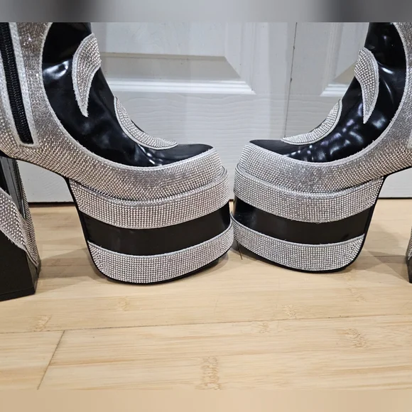 Dolls Kill Current Mood How Sweet It Is Platform Rhinestone Swirl Black Boots 8 - Picture 11 of 16